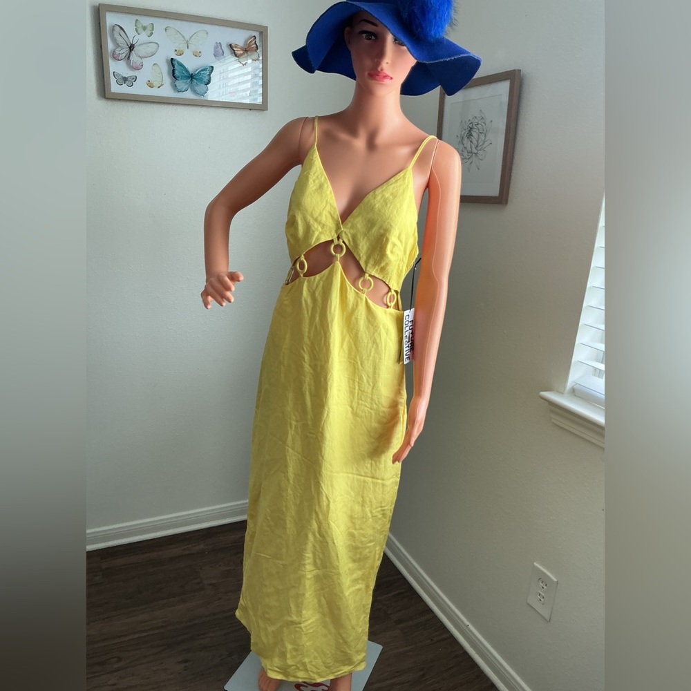 Women's Yellow Cutout Midi Dress - Spaghetti Strap Summer Dress Size 10 - Picture 4 of 9